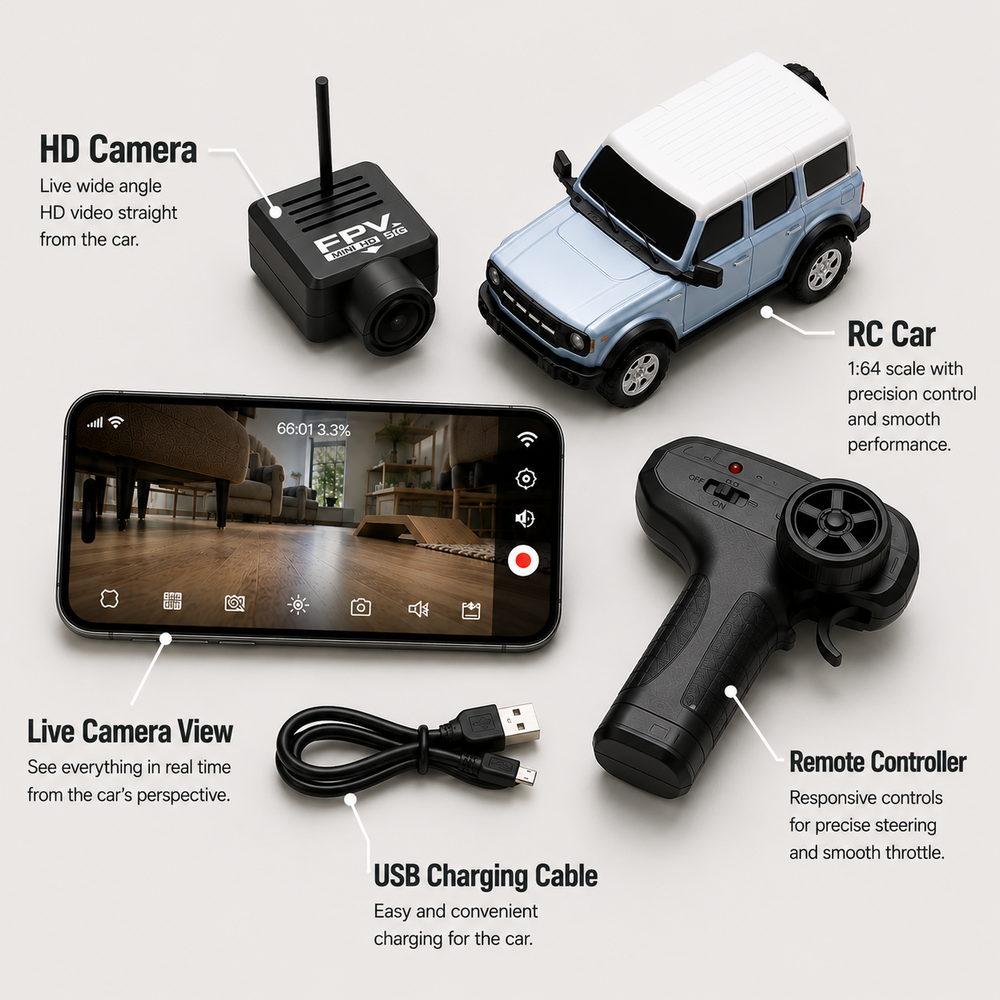 Kit completo: cámara HD, auto RC, control remoto y cable USB